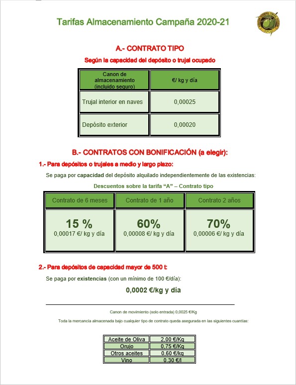 TARIFAS ALMACENAMIENTO 2019-2020 - Fundación Patrimonio Comunal Olivarero